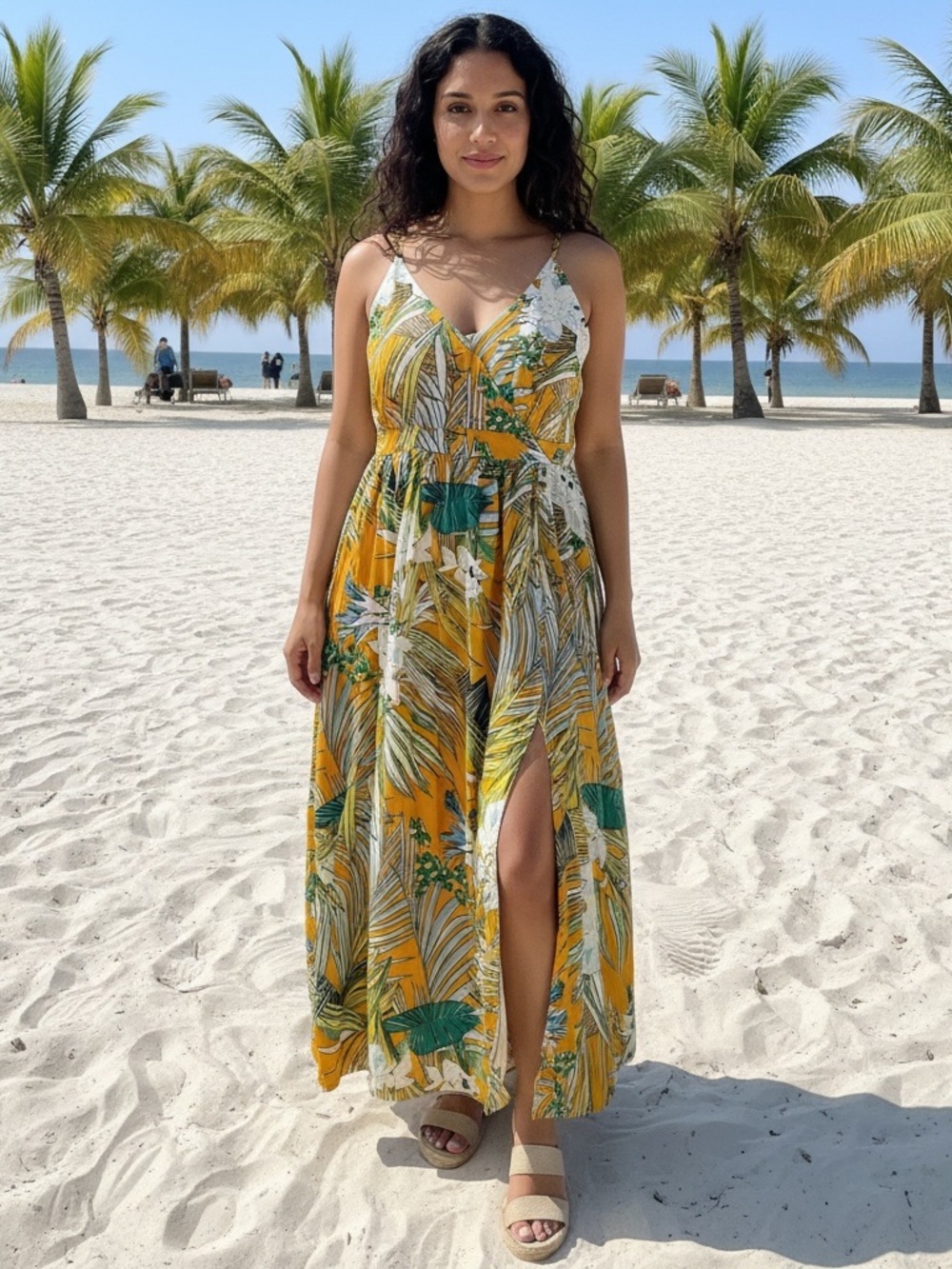 Tropical Yellow V-Neck Maxi Dress with Slit